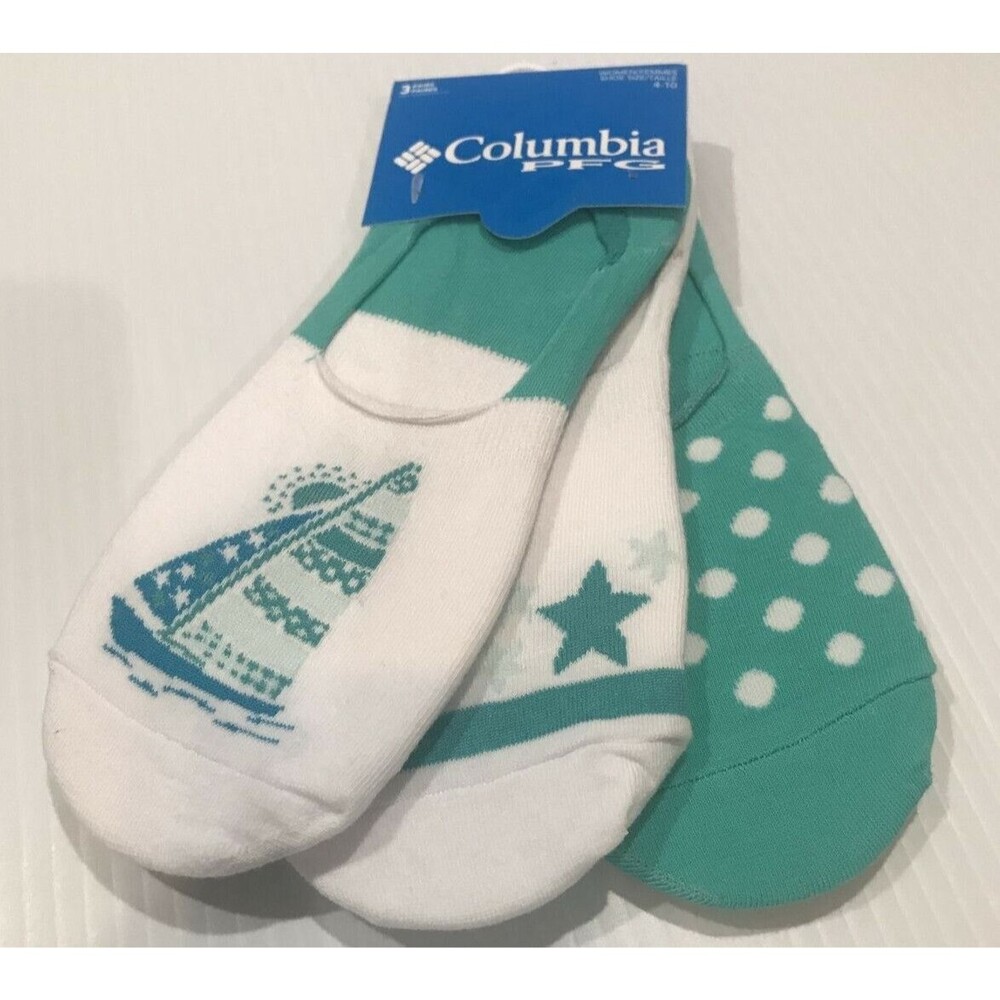 Columbia PFG Natuical Liner No Show Socks 3-Pack Size 9-11 Teal White